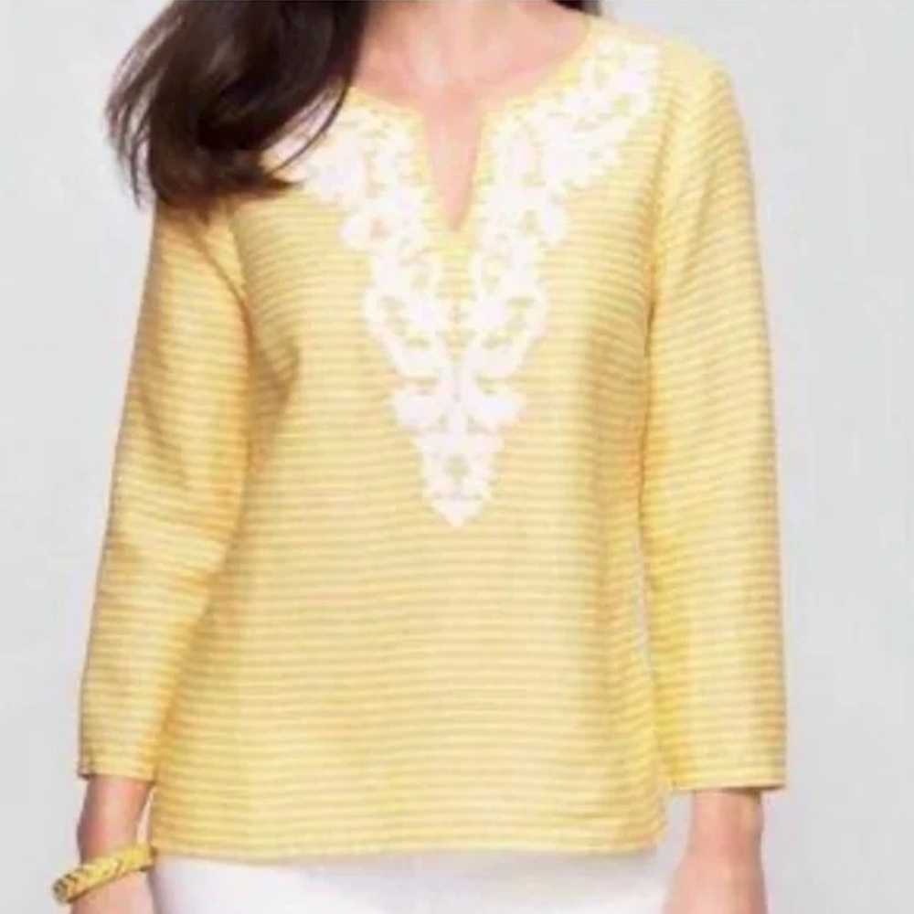 Talbots Yellow Striped Linen Women's Tunic with White Embroidery, size large